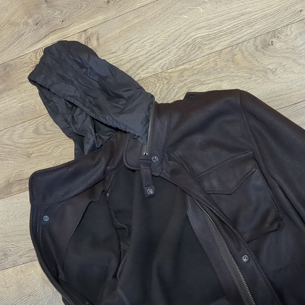 Obey faux suede chocolate brown Women’s coat with hidden hoodie Size L - Picture 10 of 10